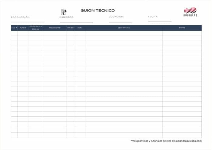 Una plantilla de guion técnico para llenar según las necesidades de tu producción cinematográfica