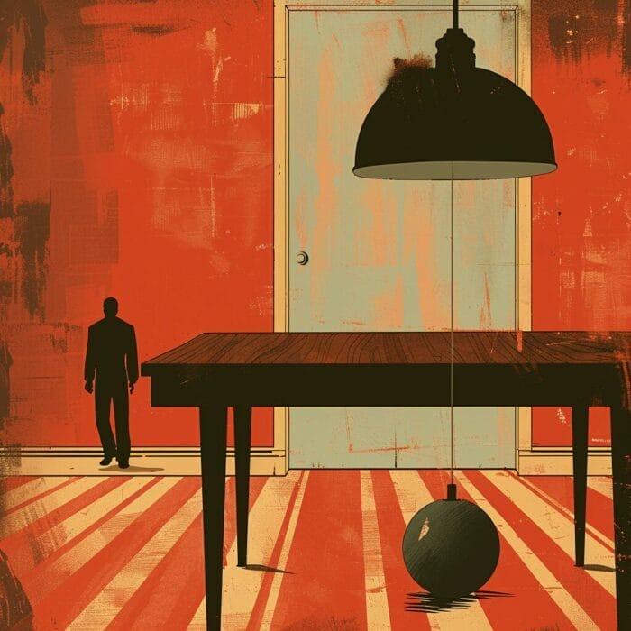 Un hombre acercándose a una mesa que tiene una bomba debajo y que sirve de grafico didáctico sobre la teoría de Hitchcock de la bomba debajo de la mesa